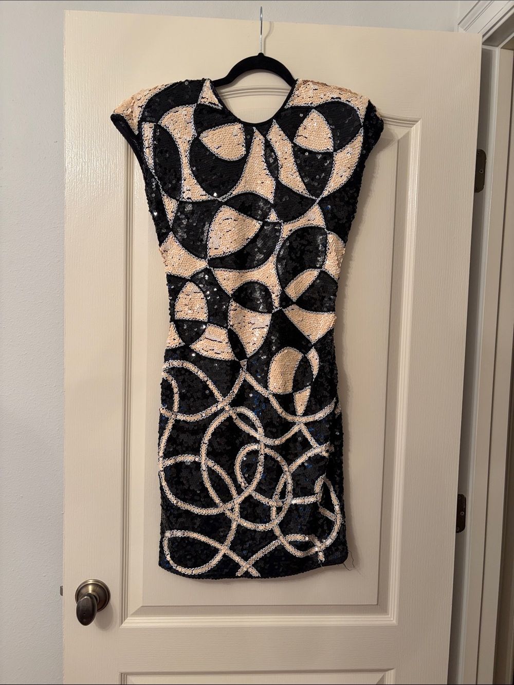 Black and Cream Sequin Mini Dress with Geometric Design